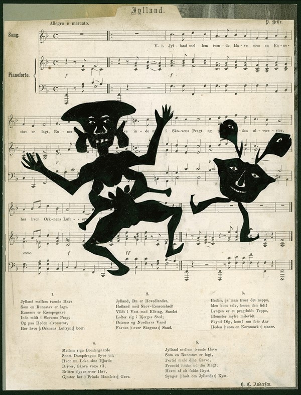 H.C. Andersen-klip: Klip af dame med sækkepibebryster og dansende fantasifigur, klæbet op på førstetryk af Jylland mellem tvende Have (Collageklip i sort papir)